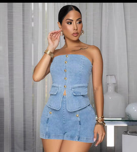 “Denim Button-Up Tube Top & Shorts Set”