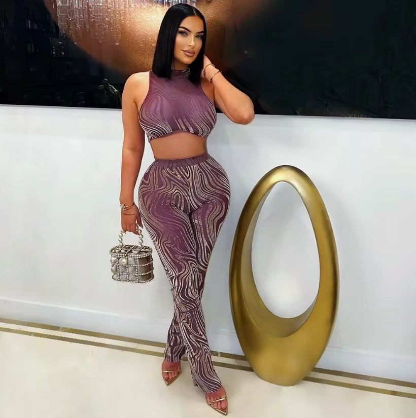 Abstract Print Mesh Two-Piece Set – Plum