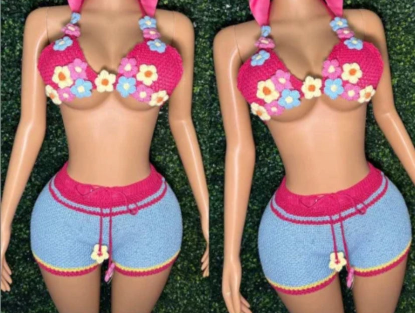 Knitted bikini top with flowers and matching knitted shorts