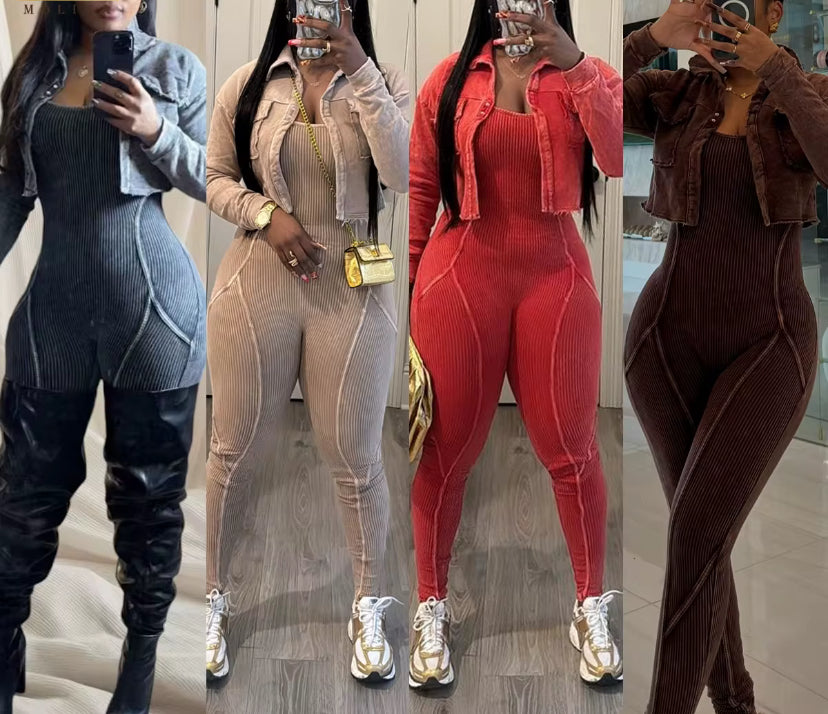 ✨ Ribbed Bodycon Jumpsuit with Cropped Jacket Set