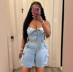 Denim Strapless Cargo Romper