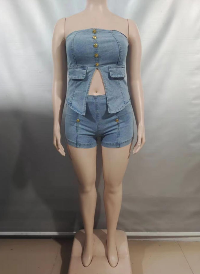 “Denim Button-Up Tube Top & Shorts Set”