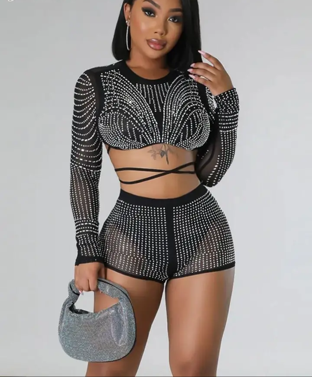 Sexy 3 Piece Rhinestone Mesh Outfit