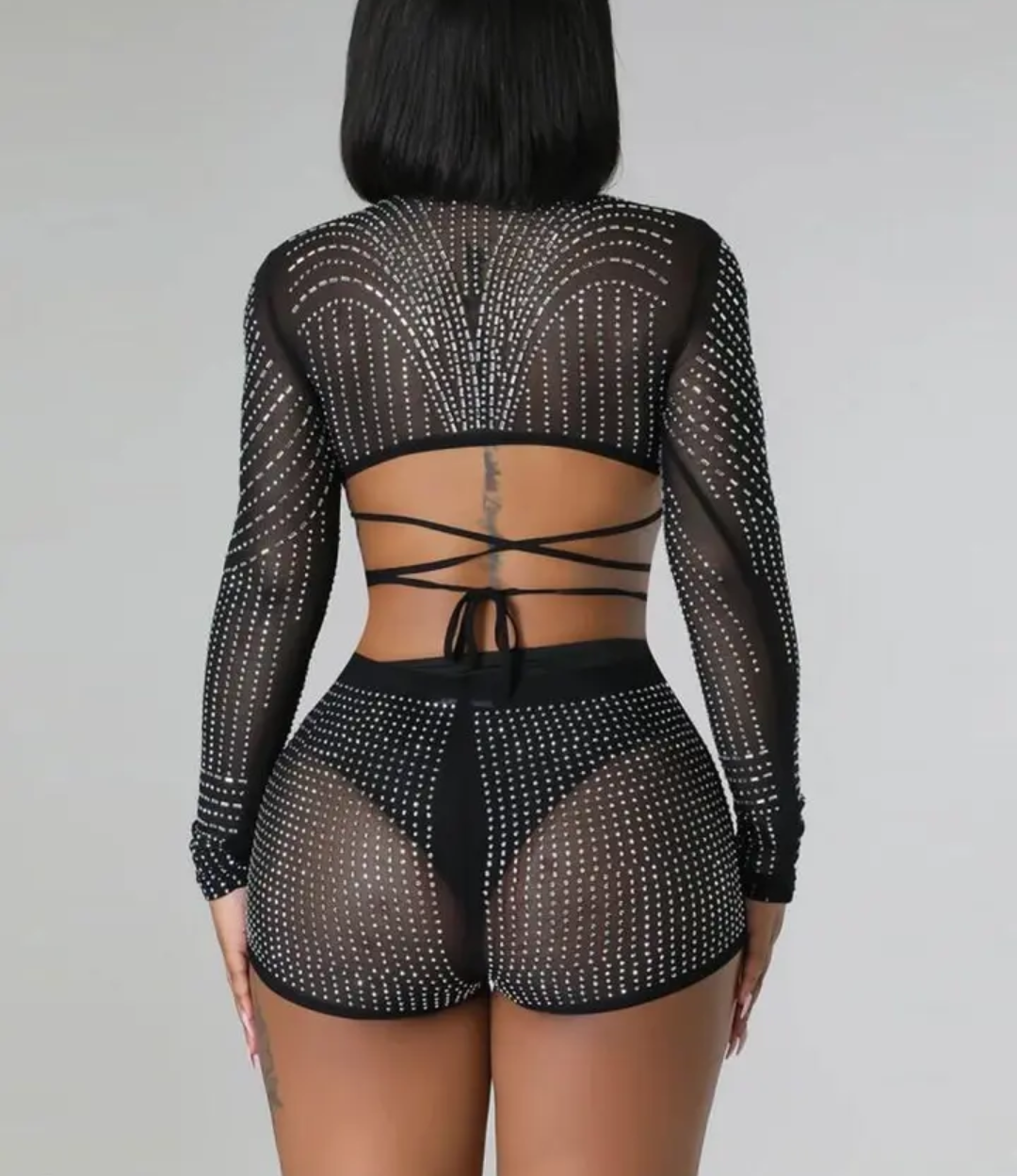 Sexy 3 Piece Rhinestone Mesh Outfit