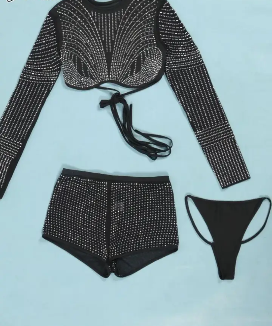 Sexy 3 Piece Rhinestone Mesh Outfit